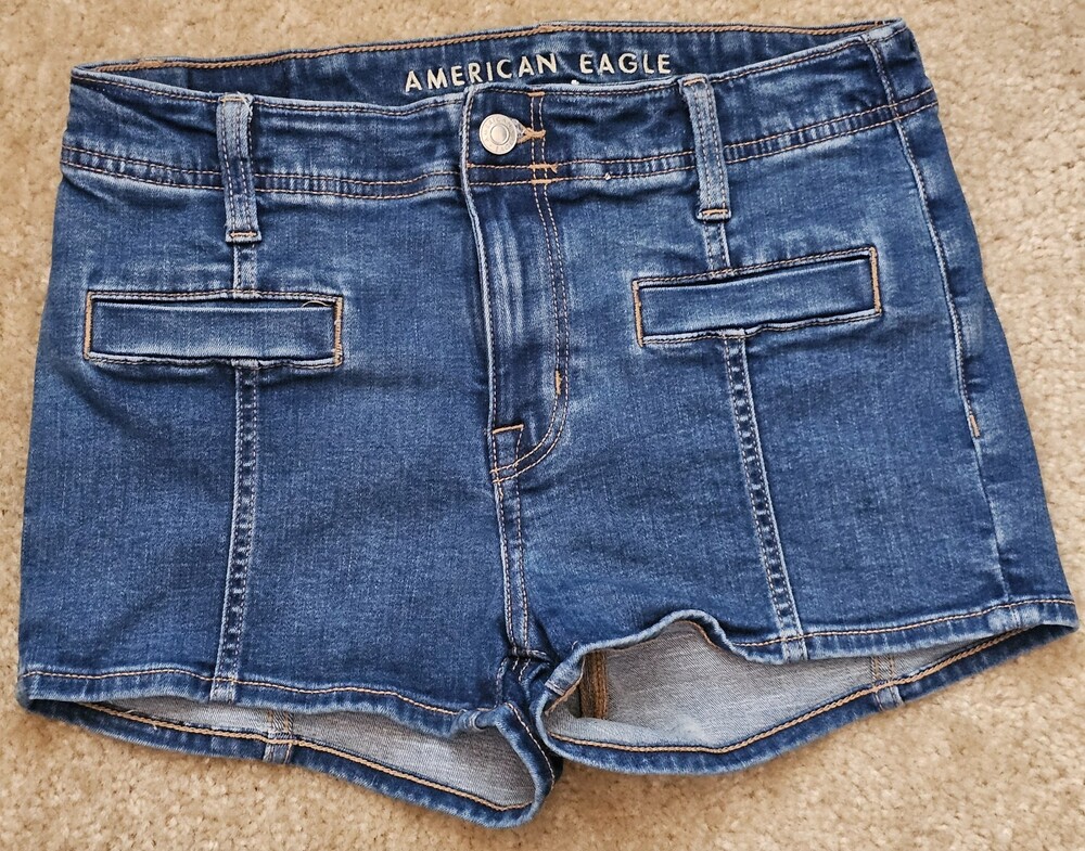 American Eagle Super Stretch Denim Shorts Women's Blue Flap Pocket Stretch